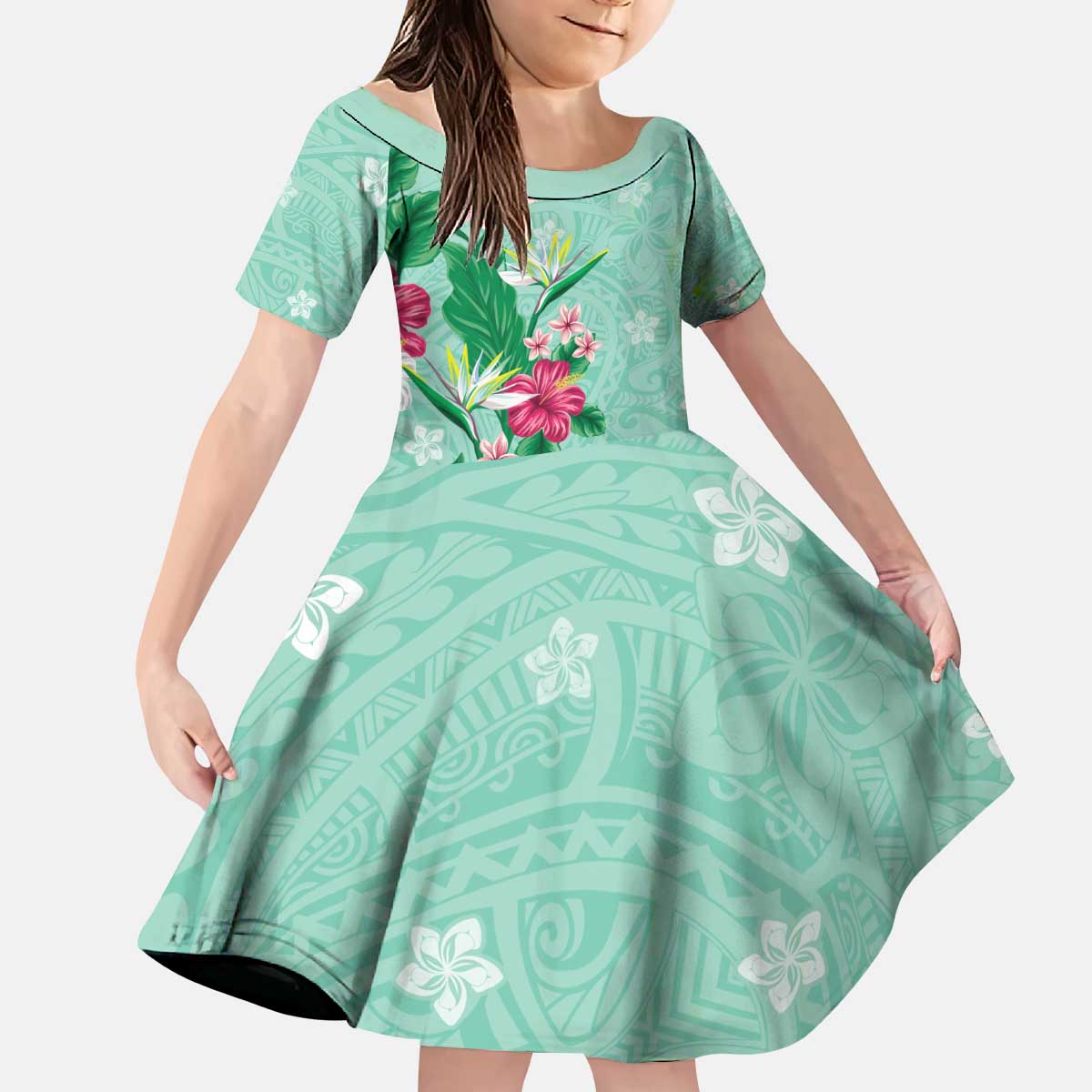 Hawaii Tropical Flowers Family Matching Puletasi and Hawaiian Shirt Polynesian Tattoo Mint Green LT05 Daughter's Dress Green - Polynesian Pride