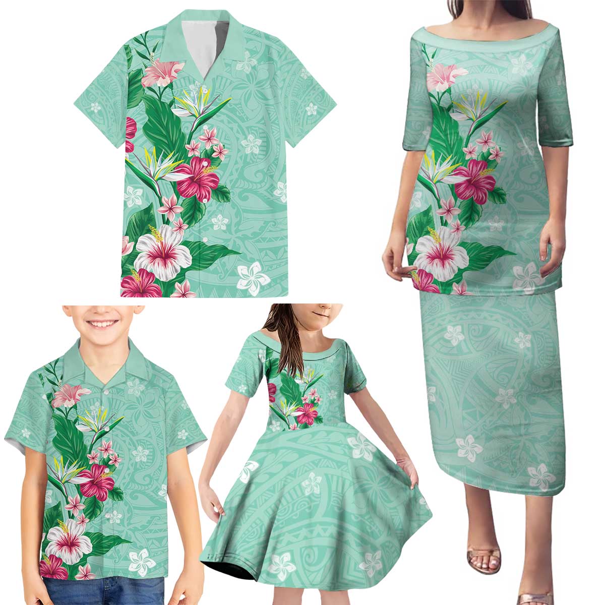Hawaii Tropical Flowers Family Matching Puletasi and Hawaiian Shirt Polynesian Tattoo Mint Green LT05 - Polynesian Pride