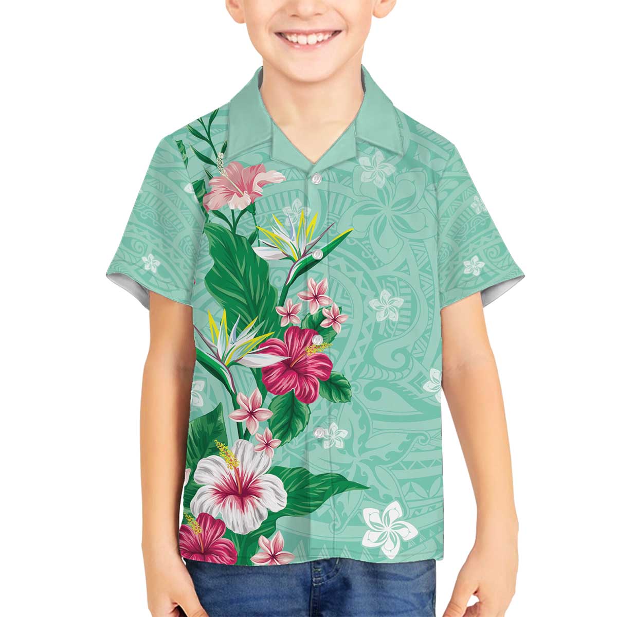 Hawaii Tropical Flowers Family Matching Puletasi and Hawaiian Shirt Polynesian Tattoo Mint Green LT05 Son's Shirt Green - Polynesian Pride