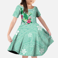 Hawaii Tropical Flowers Family Matching Short Sleeve Bodycon Dress and Hawaiian Shirt Polynesian Tattoo Mint Green LT05 Daughter's Dress Green - Polynesian Pride