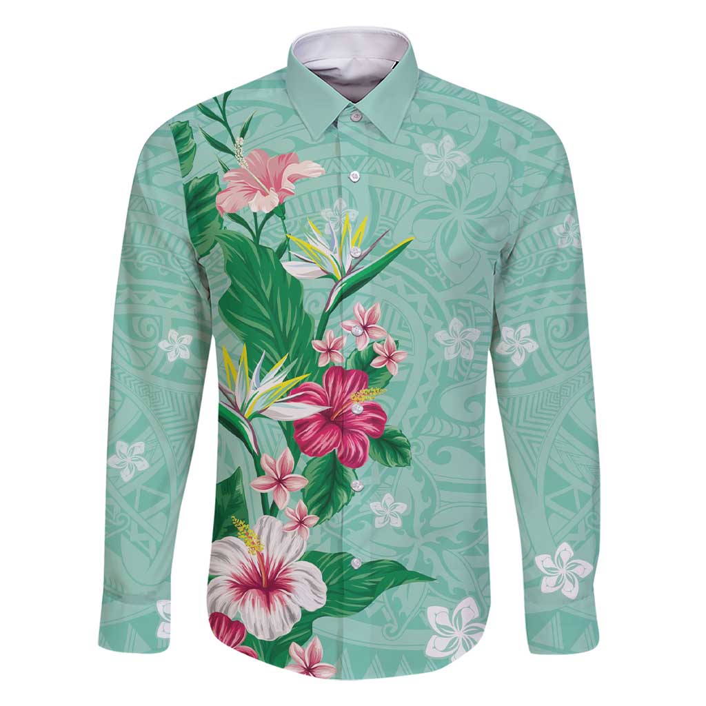Hawaii Tropical Flowers Family Matching Short Sleeve Bodycon Dress and Hawaiian Shirt Polynesian Tattoo Mint Green LT05 Dad's Shirt - Long Sleeve Green - Polynesian Pride