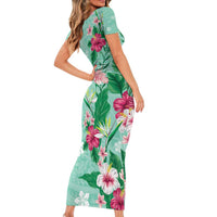 Hawaii Tropical Flowers Family Matching Short Sleeve Bodycon Dress and Hawaiian Shirt Polynesian Tattoo Mint Green LT05 - Polynesian Pride