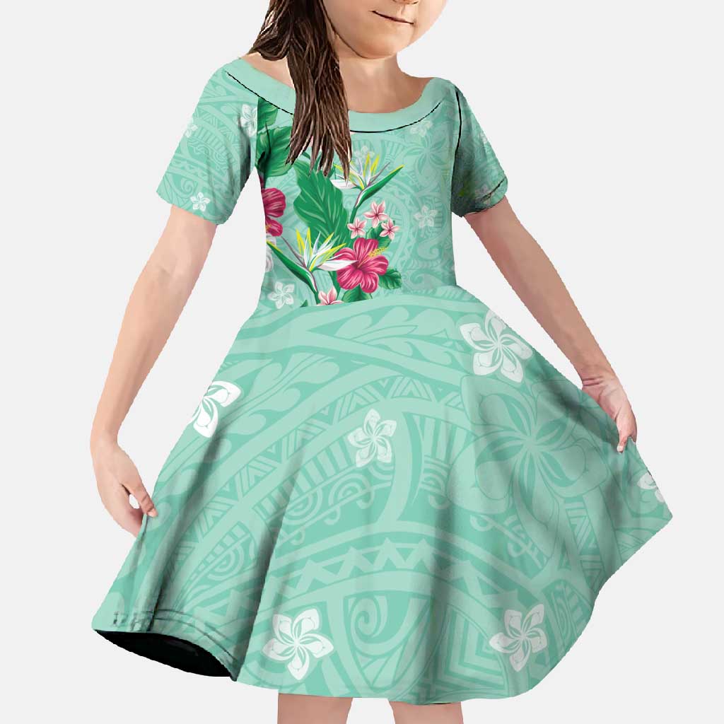 Hawaii Tropical Flowers Family Matching Tank Maxi Dress and Hawaiian Shirt - Polynesian Tattoo Mint Green LT05 Daughter's Dress Green - Polynesian Pride
