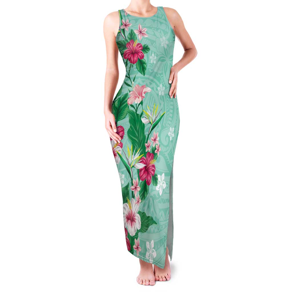 Hawaii Tropical Flowers Family Matching Tank Maxi Dress and Hawaiian Shirt - Polynesian Tattoo Mint Green LT05 Mom's Dress Green - Polynesian Pride