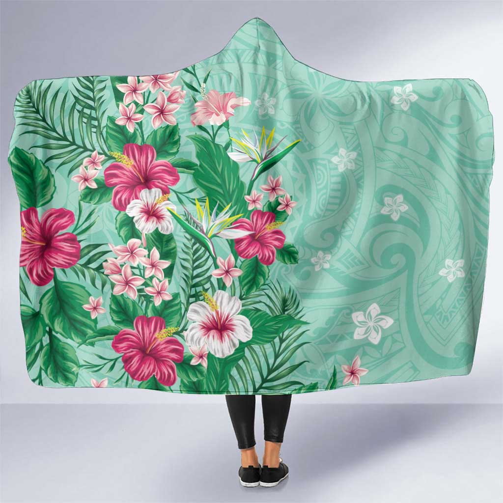 Hawaii Tropical Flowers Hooded Blanket Polynesian Tattoo Mint Green LT05 One Size Green - Polynesian Pride