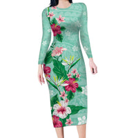 Hawaii Tropical Flowers Long Sleeve Bodycon Dress Polynesian Tattoo Mint Green LT05 Long Dress Green - Polynesian Pride