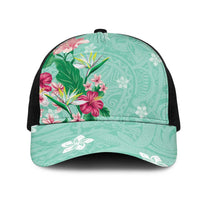 Hawaii Tropical Flowers Mesh Trucker Cap Polynesian Tattoo Mint Green