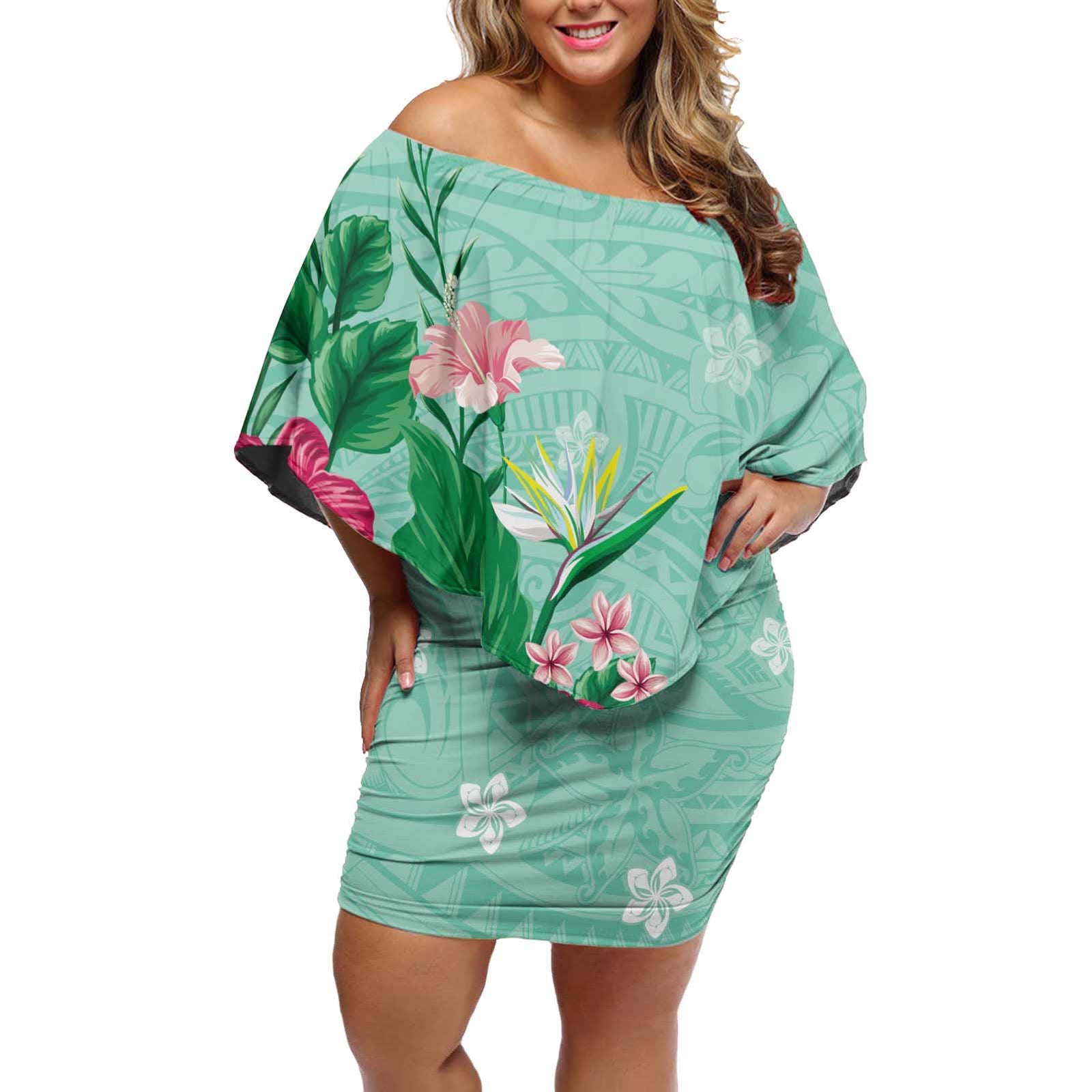 Hawaii Tropical Flowers Off Shoulder Short Dress Polynesian Tattoo Mint Green LT05 Women Green - Polynesian Pride