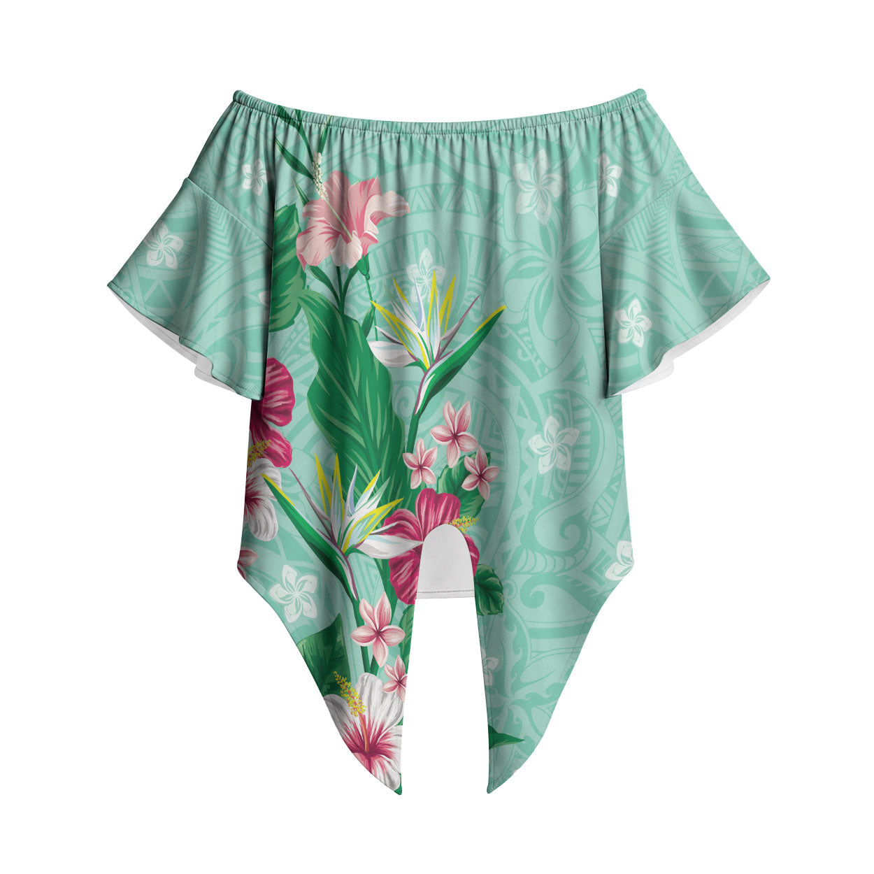 Hawaii Tropical Flowers Off Shoulder Wrap Waist Top Polynesian Tattoo Mint Green LT05 Green - Polynesian Pride