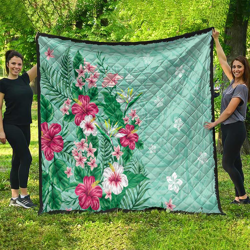 Hawaii Tropical Flowers Quilt Polynesian Tattoo Mint Green