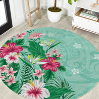 Hawaii Tropical Flowers Round Carpet Polynesian Tattoo Mint Green LT05 Green - Polynesian Pride