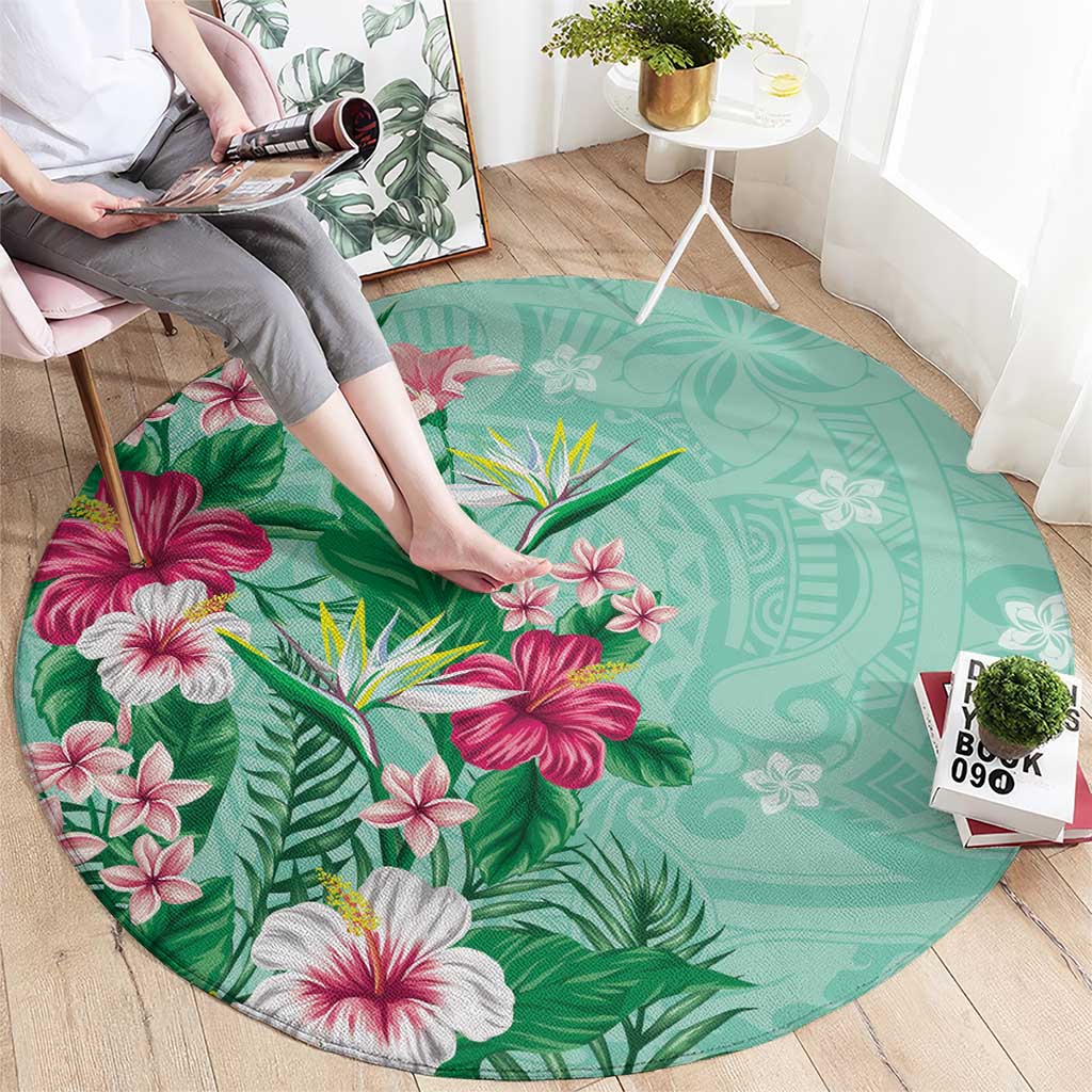 Hawaii Tropical Flowers Round Carpet Polynesian Tattoo Mint Green LT05 - Polynesian Pride