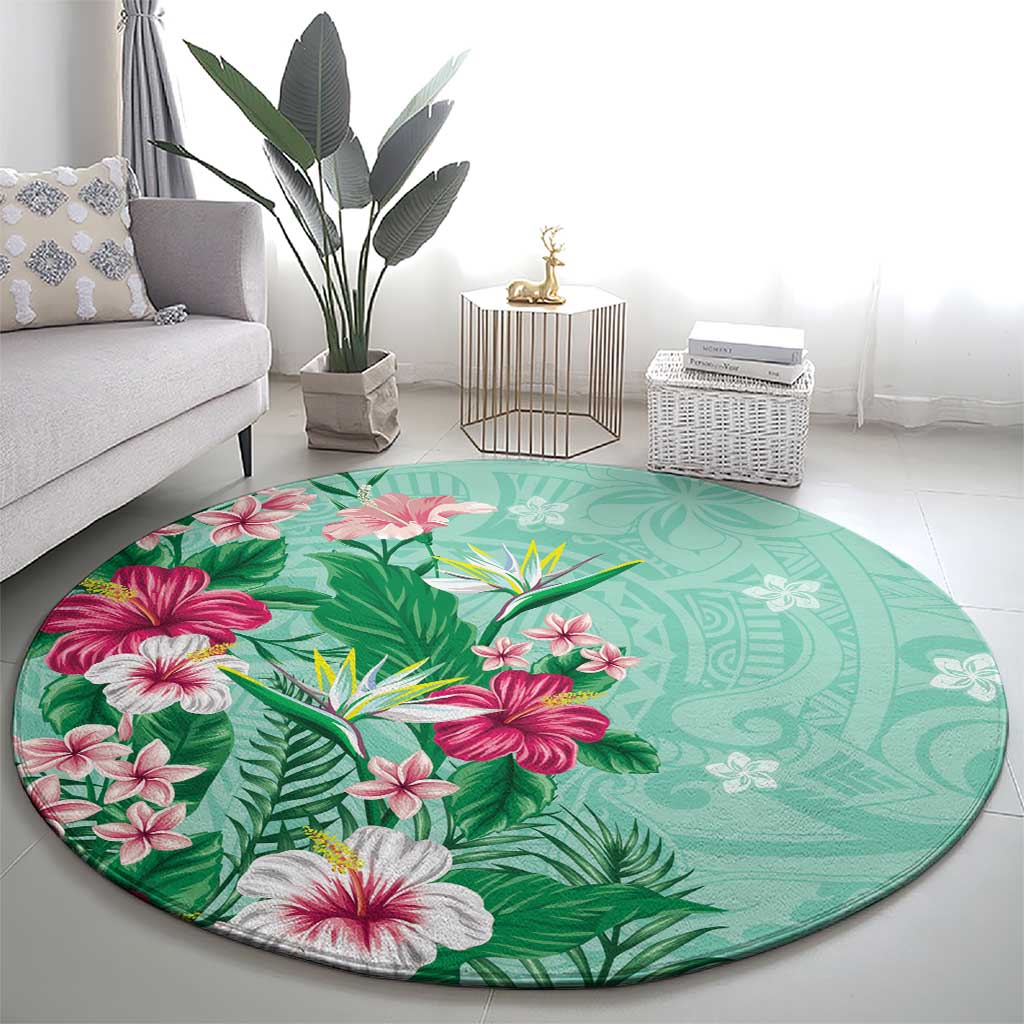 Hawaii Tropical Flowers Round Carpet Polynesian Tattoo Mint Green LT05 - Polynesian Pride