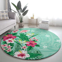 Hawaii Tropical Flowers Round Carpet Polynesian Tattoo Mint Green LT05 - Polynesian Pride