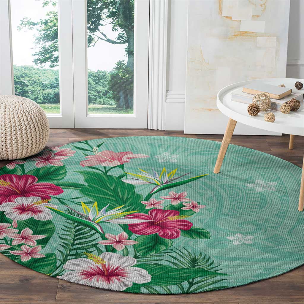 Hawaii Tropical Flowers Round Carpet Polynesian Tattoo Mint Green LT05 - Polynesian Pride