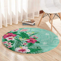 Hawaii Tropical Flowers Round Carpet Polynesian Tattoo Mint Green LT05 - Polynesian Pride