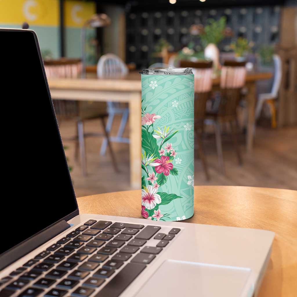 Hawaii Tropical Flowers Skinny Tumbler Polynesian Tattoo Mint Green