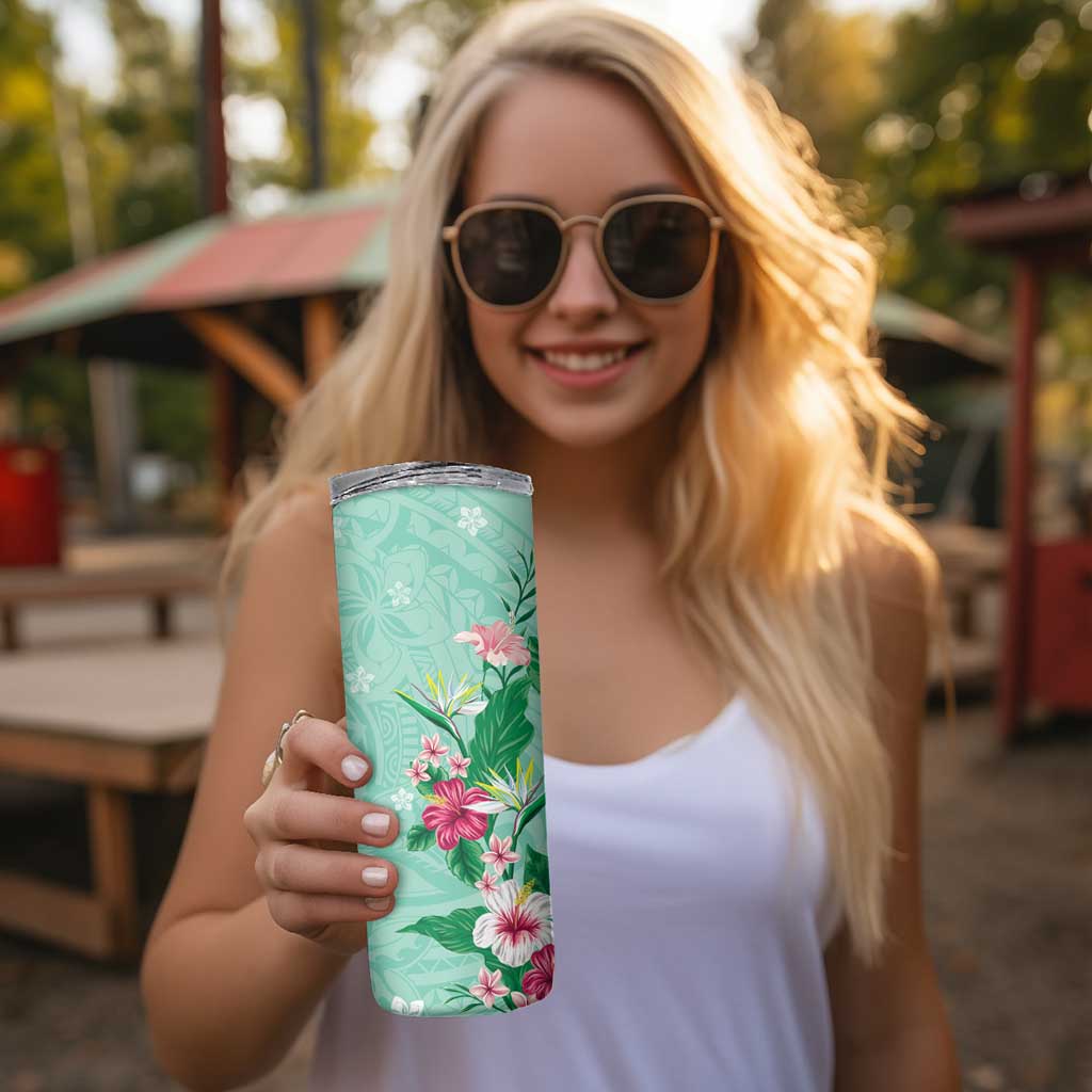 Hawaii Tropical Flowers Skinny Tumbler Polynesian Tattoo Mint Green