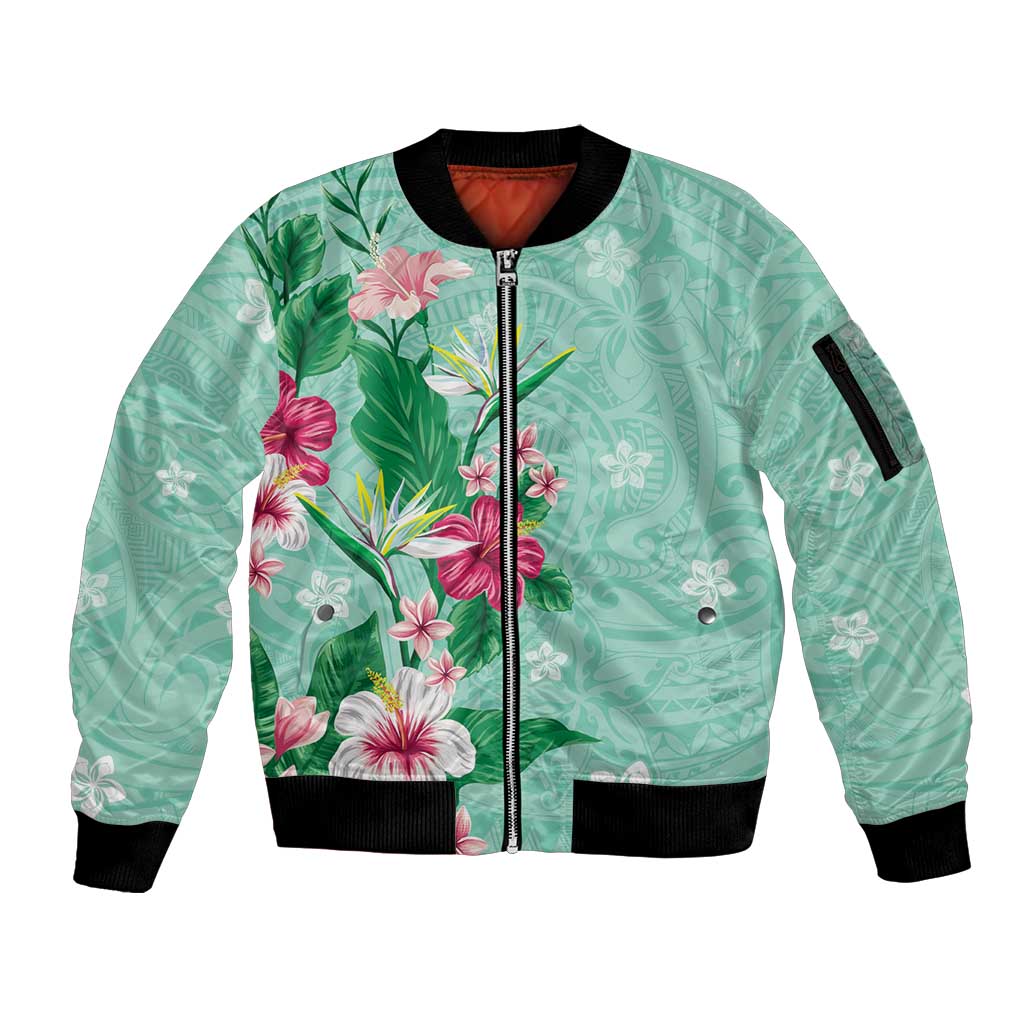 Hawaii Tropical Flowers Sleeve Zip Bomber Jacket Polynesian Tattoo Mint Green LT05 Unisex Green - Polynesian Pride