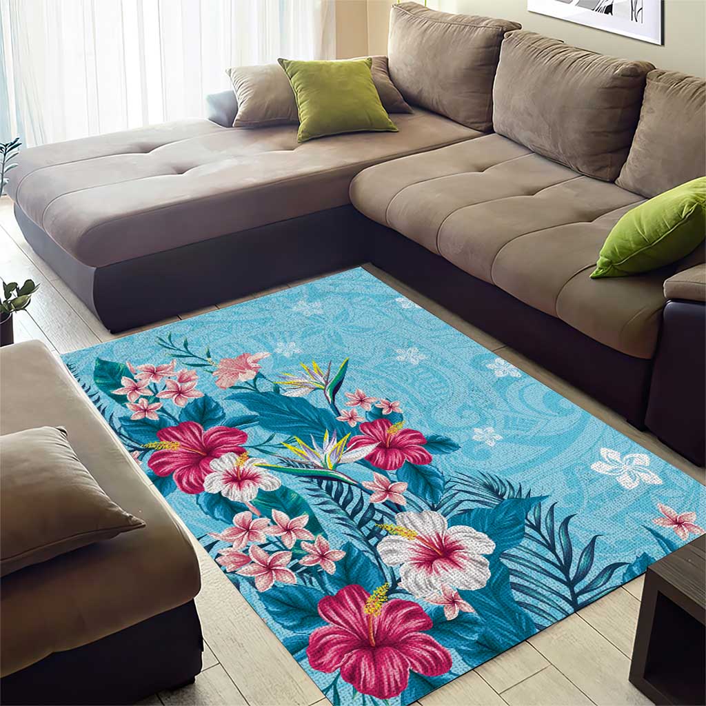 Hawaii Tropical Flowers Area Rug Polynesian Tattoo Sky Blue LT05 - Polynesian Pride