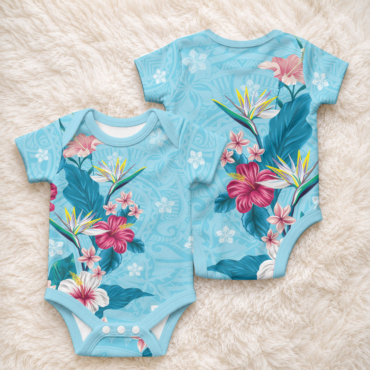 Hawaii Tropical Flowers Baby Onesie Polynesian Tattoo Sky Blue