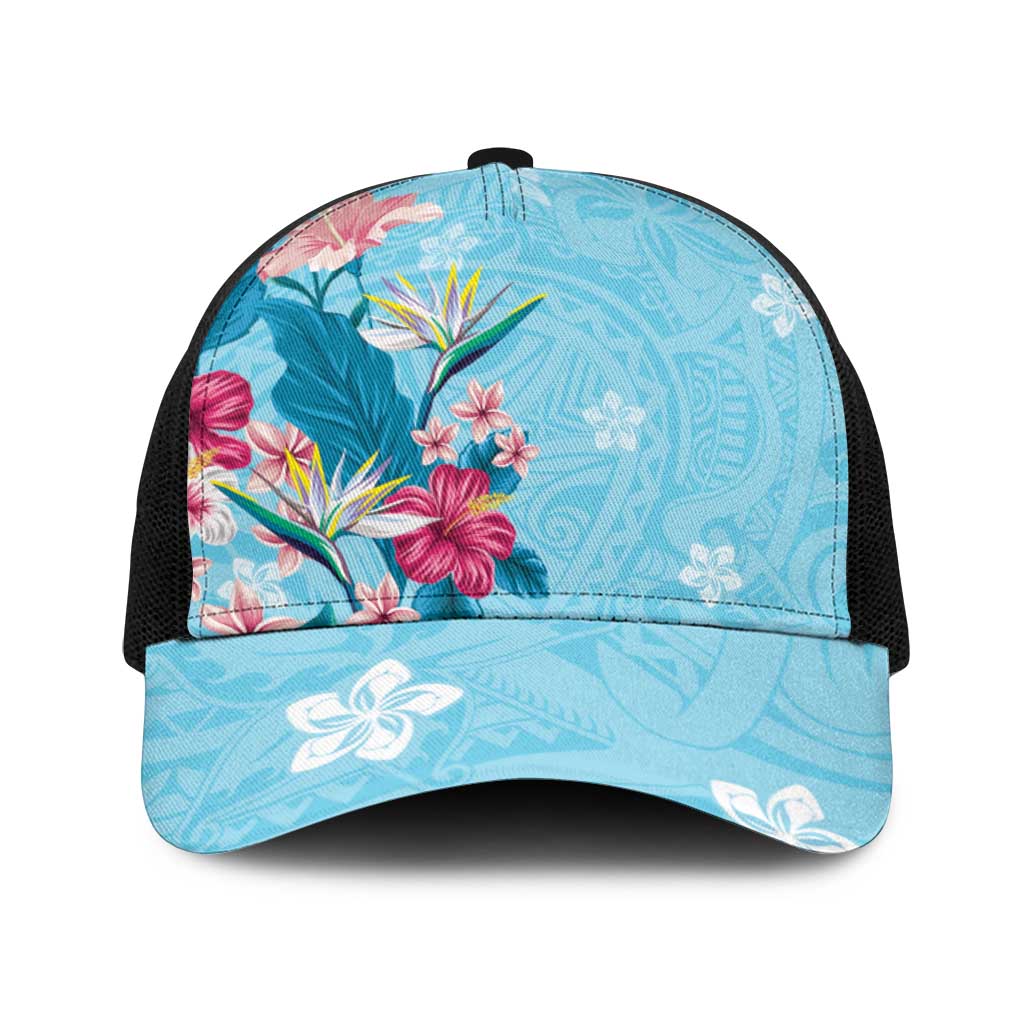 Hawaii Tropical Flowers Baseball Net Cap Polynesian Tattoo Sky Blue