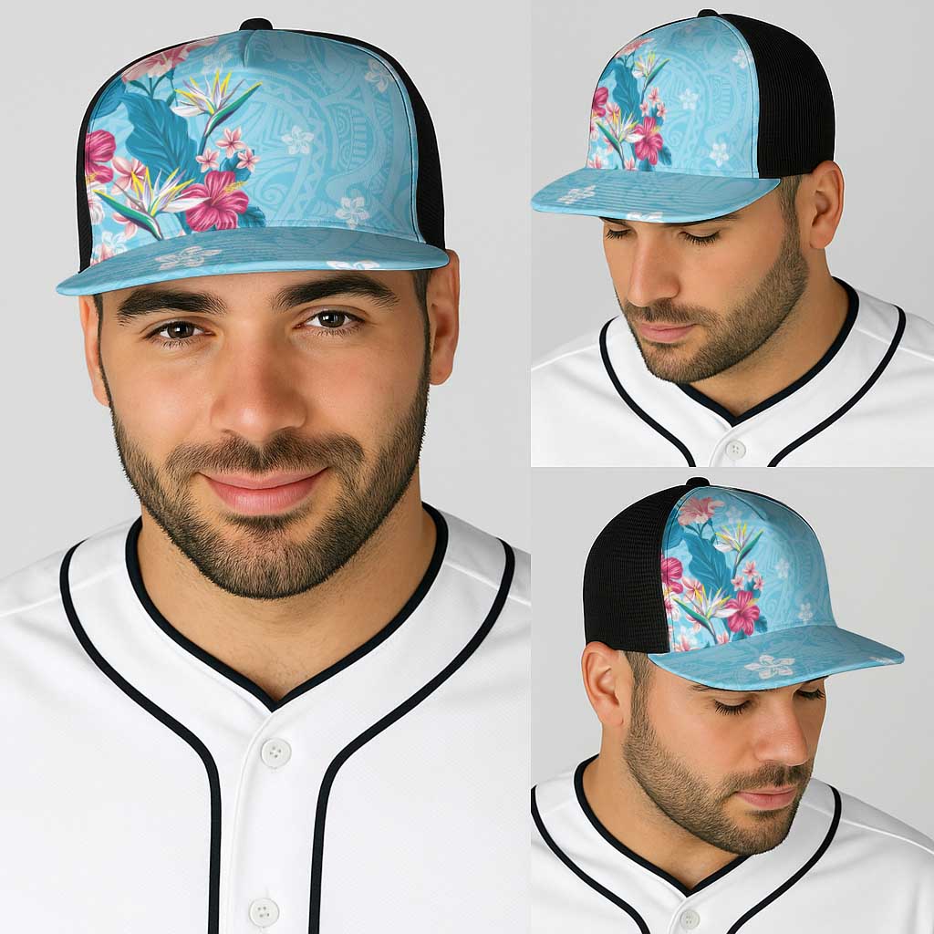 Hawaii Tropical Flowers Baseball Net Cap Polynesian Tattoo Sky Blue