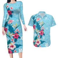 Hawaii Tropical Flowers Couples Matching Long Sleeve Bodycon Dress and Hawaiian Shirt Polynesian Tattoo Sky Blue LT05 Blue - Polynesian Pride