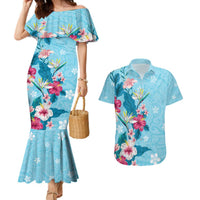 Hawaii Tropical Flowers Couples Matching Mermaid Dress and Hawaiian Shirt Polynesian Tattoo Sky Blue LT05 Blue - Polynesian Pride
