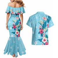 Hawaii Tropical Flowers Couples Matching Mermaid Dress and Hawaiian Shirt Polynesian Tattoo Sky Blue LT05 - Polynesian Pride