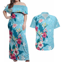 Hawaii Tropical Flowers Couples Matching Off Shoulder Maxi Dress and Hawaiian Shirt - Polynesian Tattoo Sky Blue LT05 Blue - Polynesian Pride