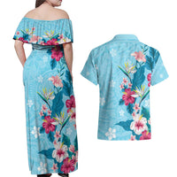 Hawaii Tropical Flowers Couples Matching Off Shoulder Maxi Dress and Hawaiian Shirt - Polynesian Tattoo Sky Blue LT05 - Polynesian Pride