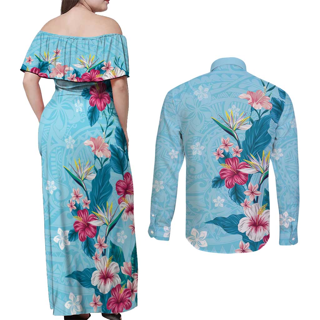 Hawaii Tropical Flowers Couples Matching Off Shoulder Maxi Dress and Long Sleeve Button Shirt Polynesian Tattoo Sky Blue