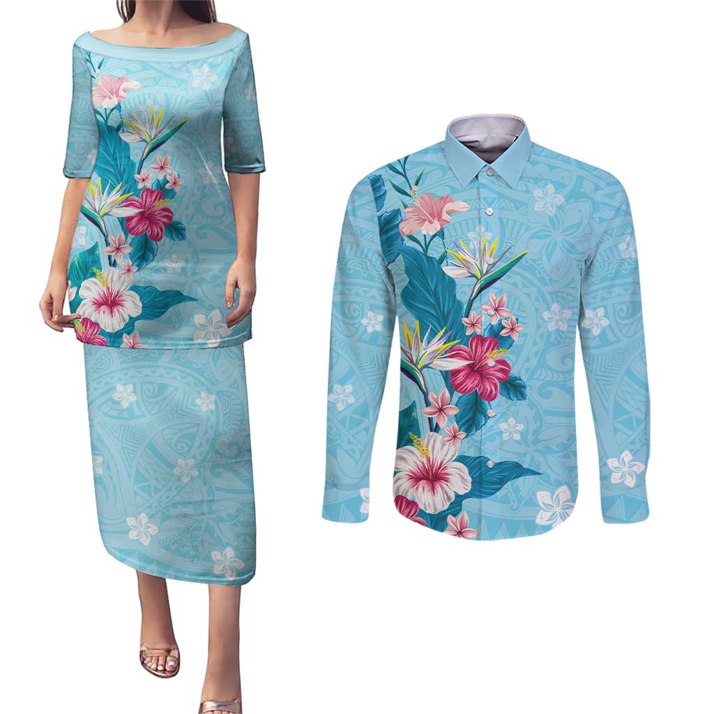 Hawaii Tropical Flowers Couples Matching Puletasi and Long Sleeve Button Shirt Polynesian Tattoo Sky Blue LT05 Blue - Polynesian Pride