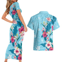 Hawaii Tropical Flowers Couples Matching Short Sleeve Bodycon Dress and Hawaiian Shirt Polynesian Tattoo Sky Blue LT05 - Polynesian Pride
