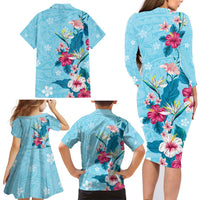 Hawaii Tropical Flowers Family Matching Long Sleeve Bodycon Dress and Hawaiian Shirt Polynesian Tattoo Sky Blue LT05 - Polynesian Pride