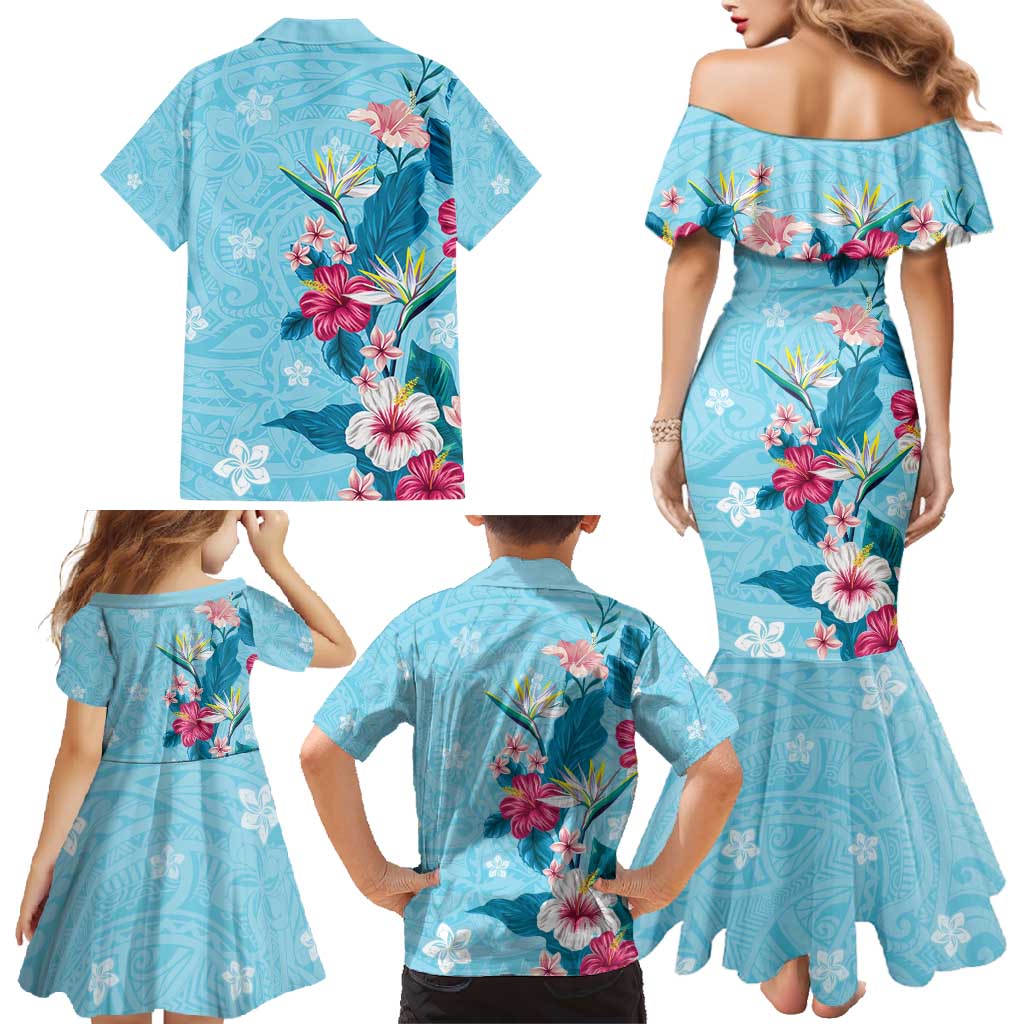 Hawaii Tropical Flowers Family Matching Mermaid Dress and Hawaiian Shirt Polynesian Tattoo Sky Blue LT05 - Polynesian Pride