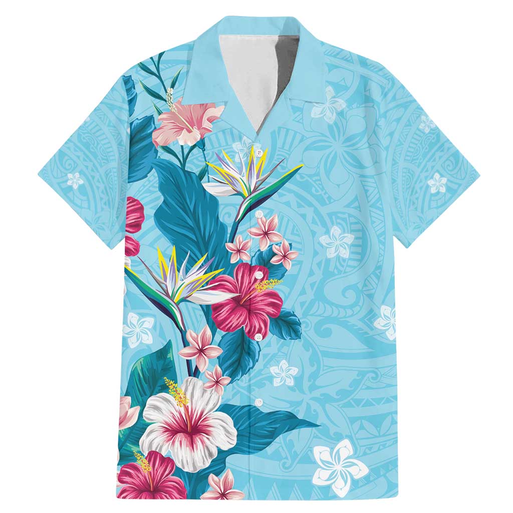 Hawaii Tropical Flowers Family Matching Mermaid Dress and Hawaiian Shirt Polynesian Tattoo Sky Blue LT05 Dad's Shirt - Short Sleeve Blue - Polynesian Pride