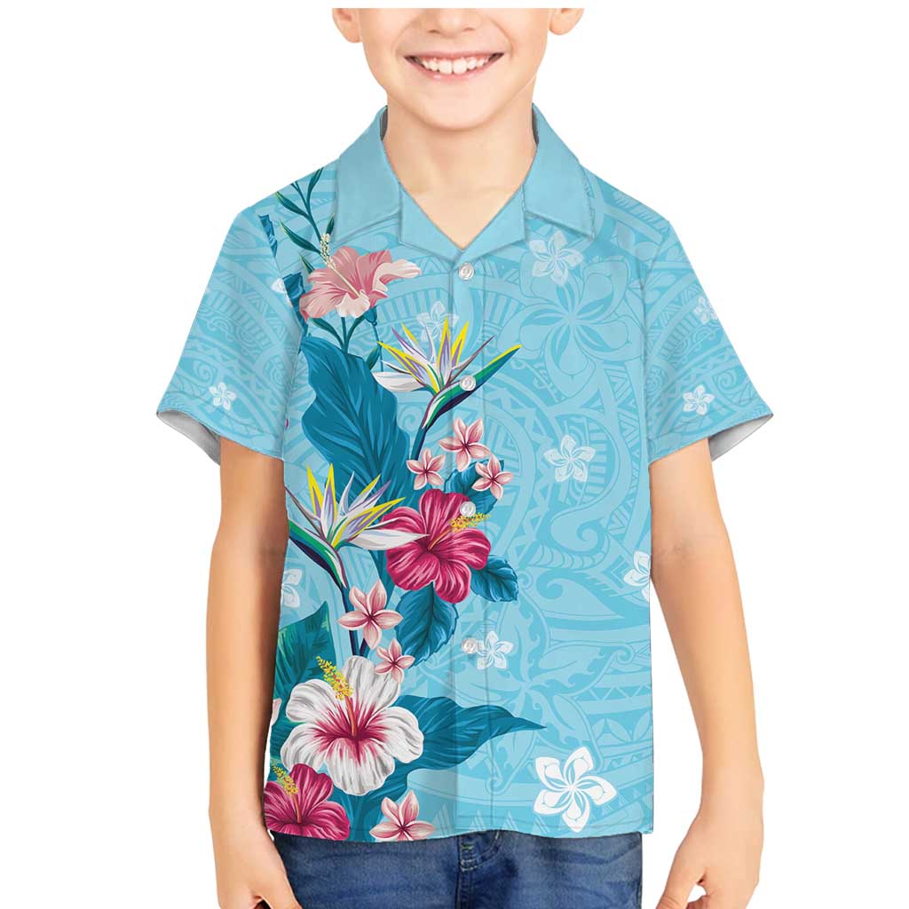 Hawaii Tropical Flowers Family Matching Mermaid Dress and Hawaiian Shirt Polynesian Tattoo Sky Blue LT05 Son's Shirt Blue - Polynesian Pride