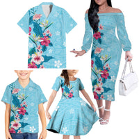 Hawaii Tropical Flowers Family Matching Off The Shoulder Long Sleeve Dress and Hawaiian Shirt Polynesian Tattoo Sky Blue LT05 - Polynesian Pride
