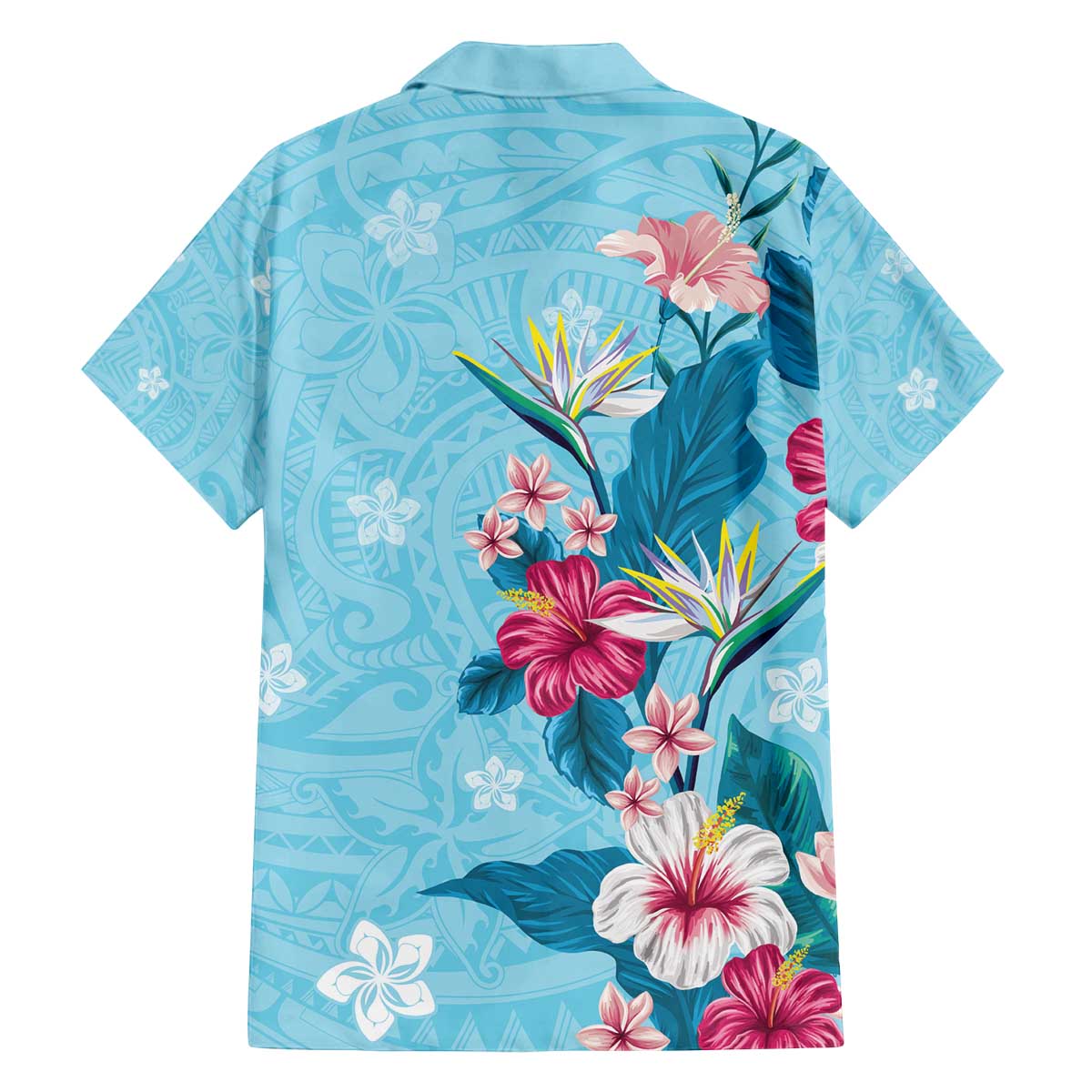 Hawaii Tropical Flowers Family Matching Off The Shoulder Long Sleeve Dress and Hawaiian Shirt Polynesian Tattoo Sky Blue LT05 - Polynesian Pride