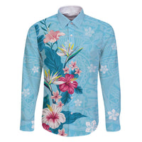 Hawaii Tropical Flowers Family Matching Off The Shoulder Long Sleeve Dress and Hawaiian Shirt Polynesian Tattoo Sky Blue LT05 Dad's Shirt - Long Sleeve Blue - Polynesian Pride