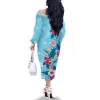 Hawaii Tropical Flowers Family Matching Off The Shoulder Long Sleeve Dress and Hawaiian Shirt Polynesian Tattoo Sky Blue LT05 - Polynesian Pride