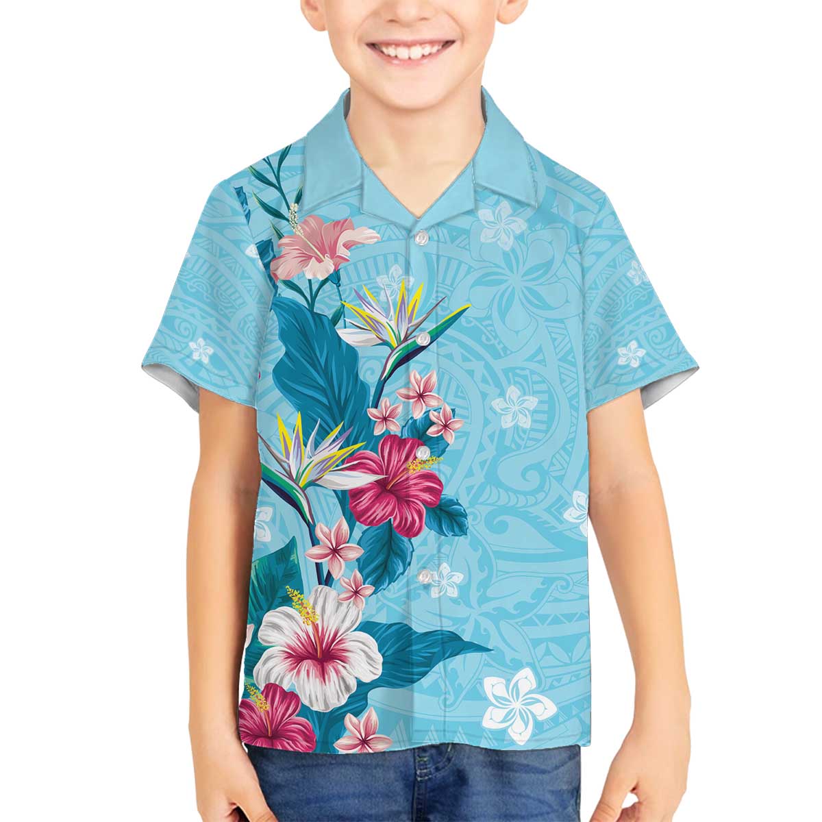 Hawaii Tropical Flowers Family Matching Off The Shoulder Long Sleeve Dress and Hawaiian Shirt Polynesian Tattoo Sky Blue LT05 Son's Shirt Blue - Polynesian Pride