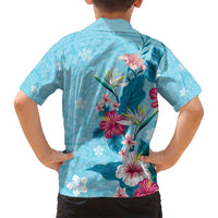 Hawaii Tropical Flowers Family Matching Off Shoulder Maxi Dress and Hawaiian Shirt - Polynesian Tattoo Sky Blue LT05 - Polynesian Pride