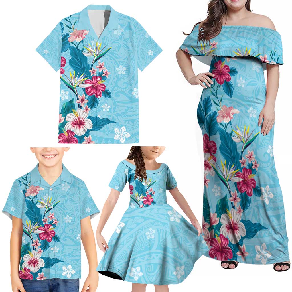 Hawaii Tropical Flowers Family Matching Off Shoulder Maxi Dress and Hawaiian Shirt - Polynesian Tattoo Sky Blue LT05 - Polynesian Pride