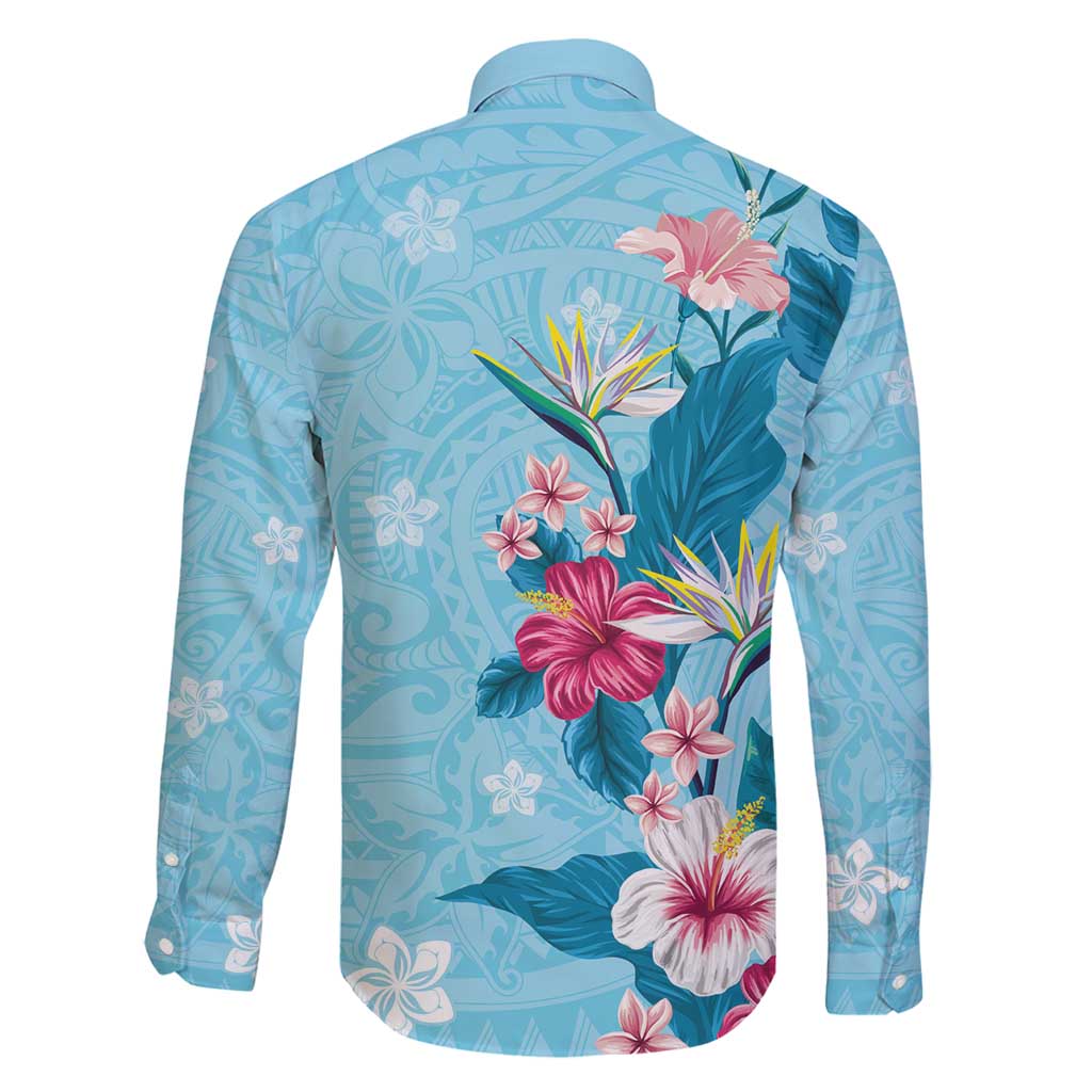 Hawaii Tropical Flowers Family Matching Off Shoulder Maxi Dress and Hawaiian Shirt - Polynesian Tattoo Sky Blue LT05 - Polynesian Pride