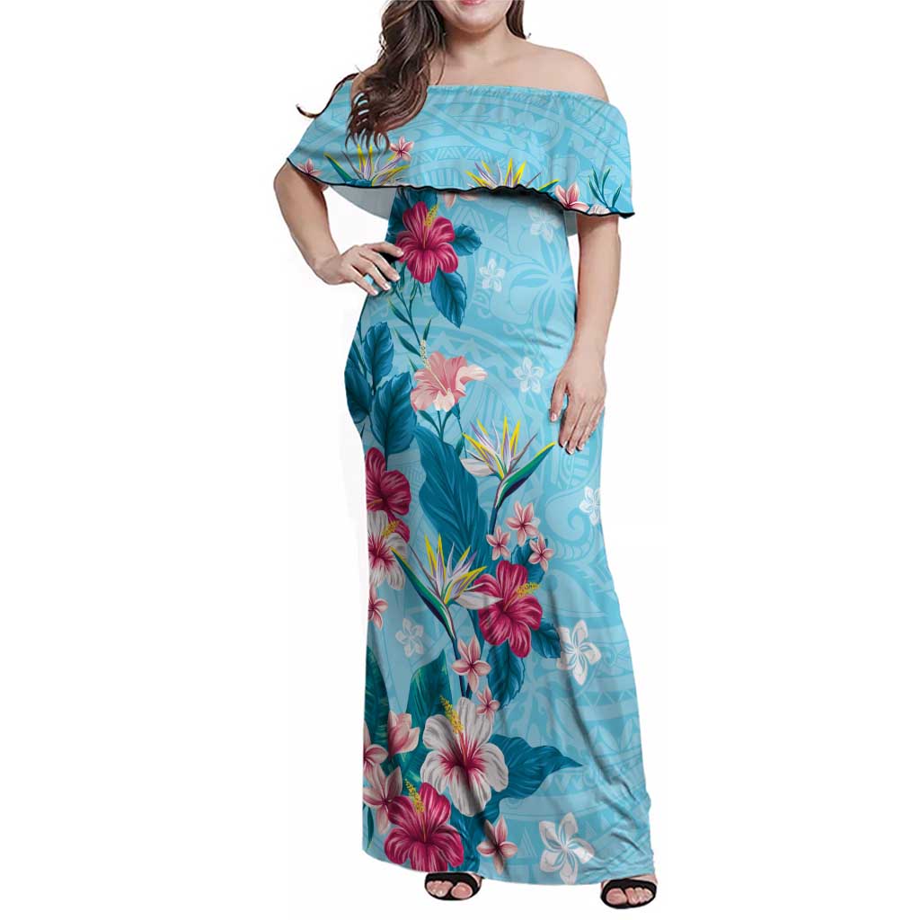 Hawaii Tropical Flowers Family Matching Off Shoulder Maxi Dress and Hawaiian Shirt - Polynesian Tattoo Sky Blue LT05 Mom's Dress Blue - Polynesian Pride