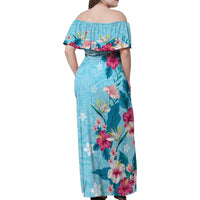 Hawaii Tropical Flowers Family Matching Off Shoulder Maxi Dress and Hawaiian Shirt - Polynesian Tattoo Sky Blue LT05 - Polynesian Pride