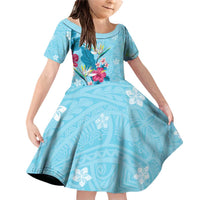 Hawaii Tropical Flowers Family Matching Off Shoulder Short Dress and Hawaiian Shirt Polynesian Tattoo Sky Blue LT05 Daughter's Dress Blue - Polynesian Pride